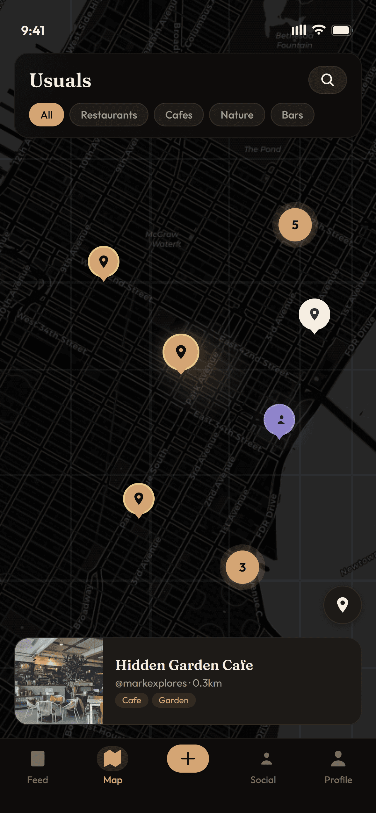 Interactive map with golden pins and clusters