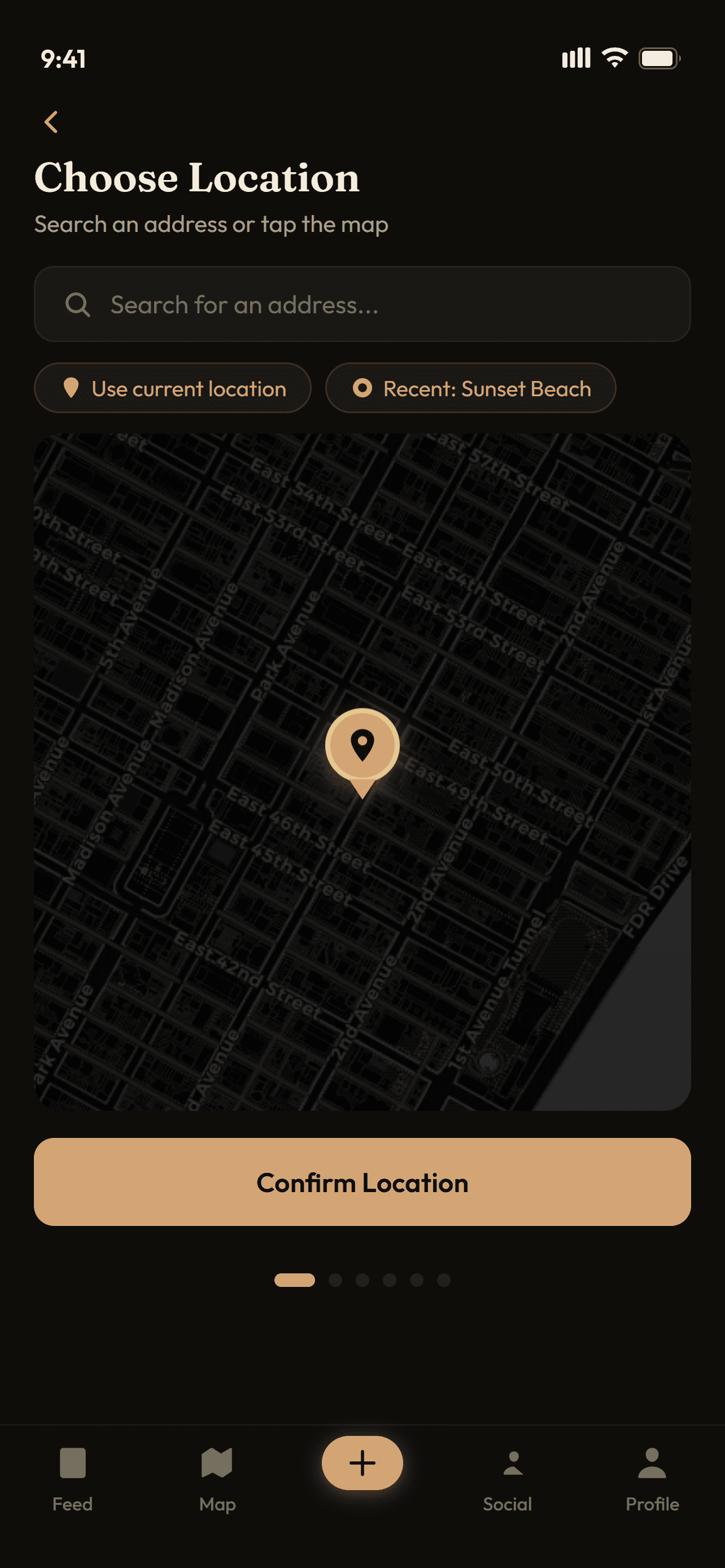 Choose Location screen with a dropped pin on the map